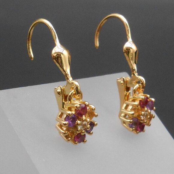 Earrings, Multi Gemstone Floral in 18K Vermeil Yellow Gold Over Sterling - Picture 6 of 8